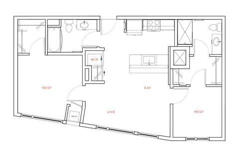 Floor plan for 2 beds, 2 baths, 850 sqft